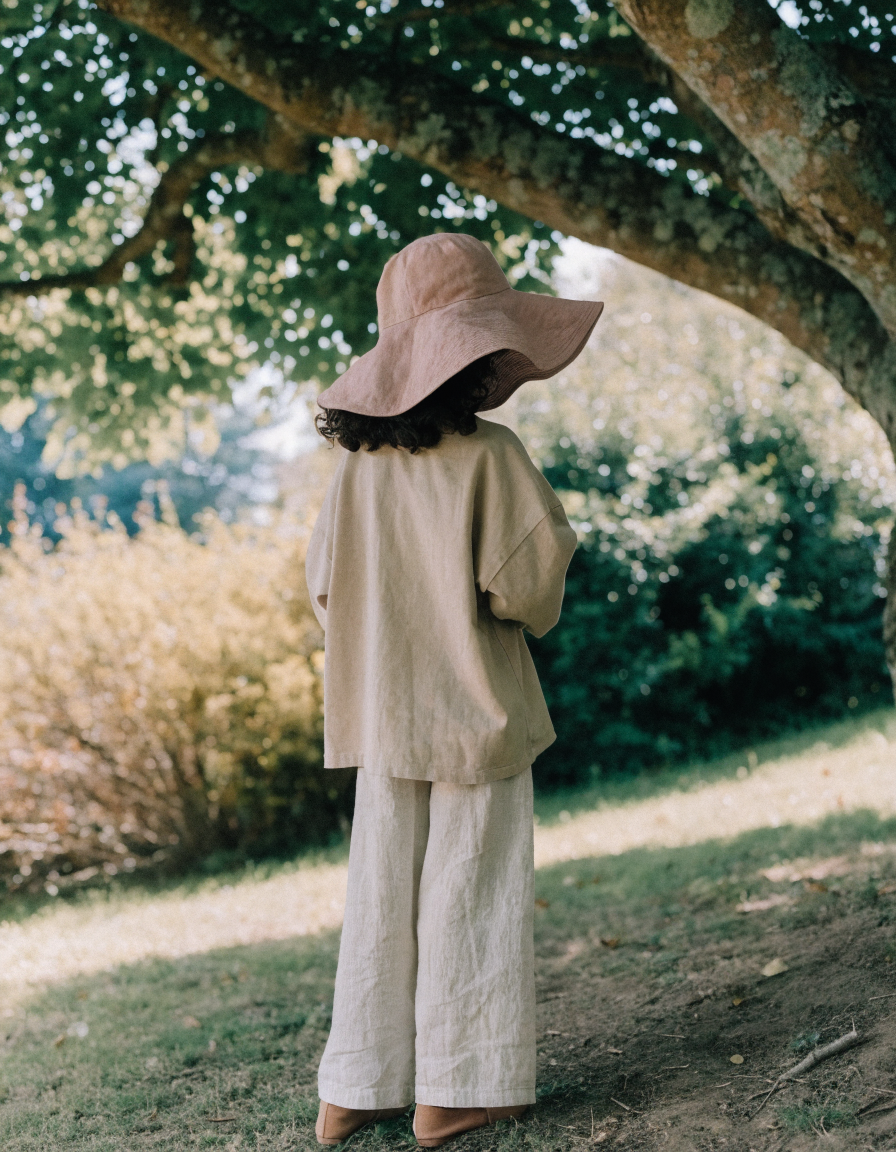 Young child in an oversized long-sleeve organic cotton top and wide-brim sun hat standing in tree shade