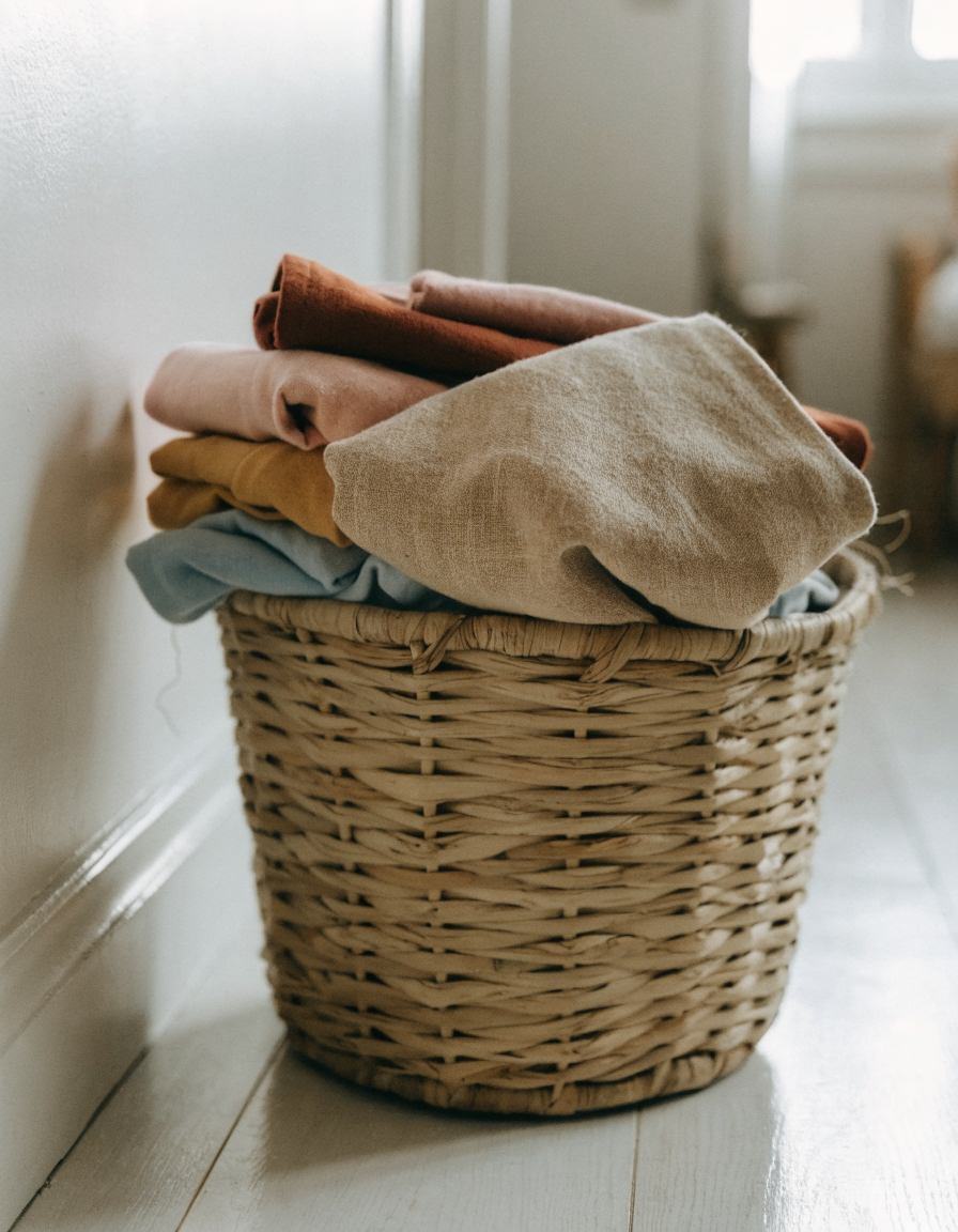 Woven laundry basket of neatly folded children's clothes in beige, terracotta and soft blue on a pale wooden floor