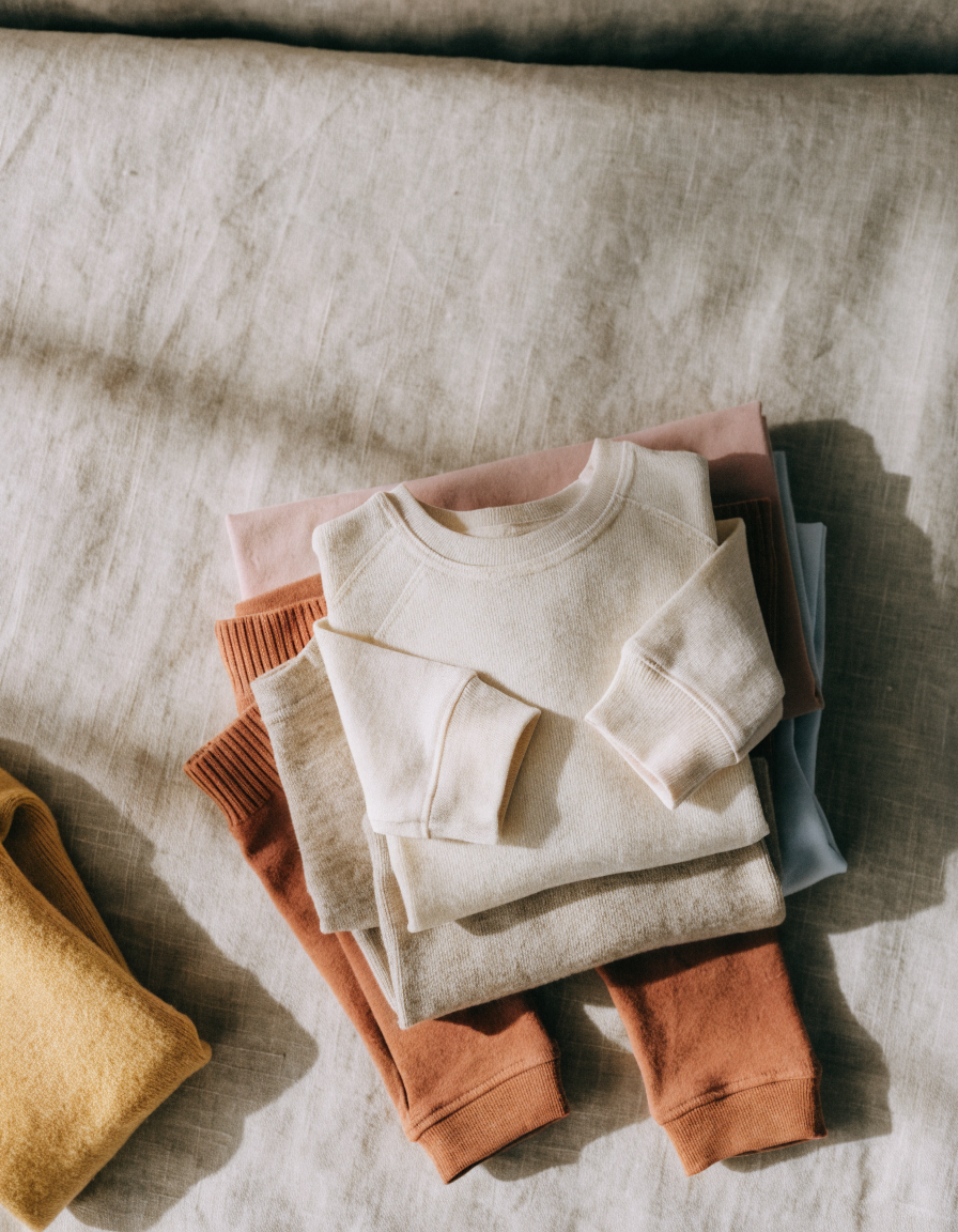 Folded children's base layer tops and leggings in cream, oatmeal and terracotta on beige linen