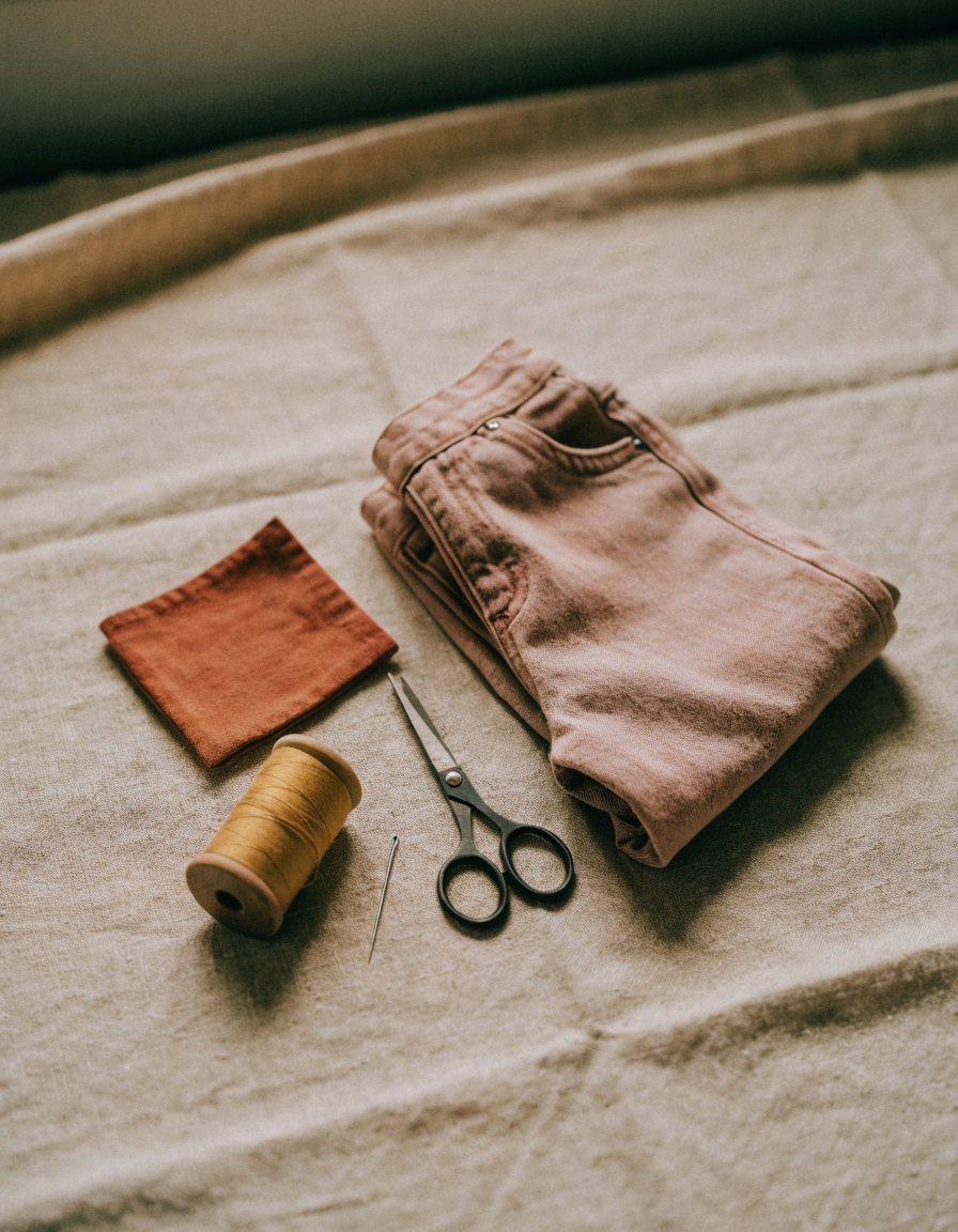 Child-size denim pants folded on beige linen with a terracotta patch, mustard thread and needle, ready for mending