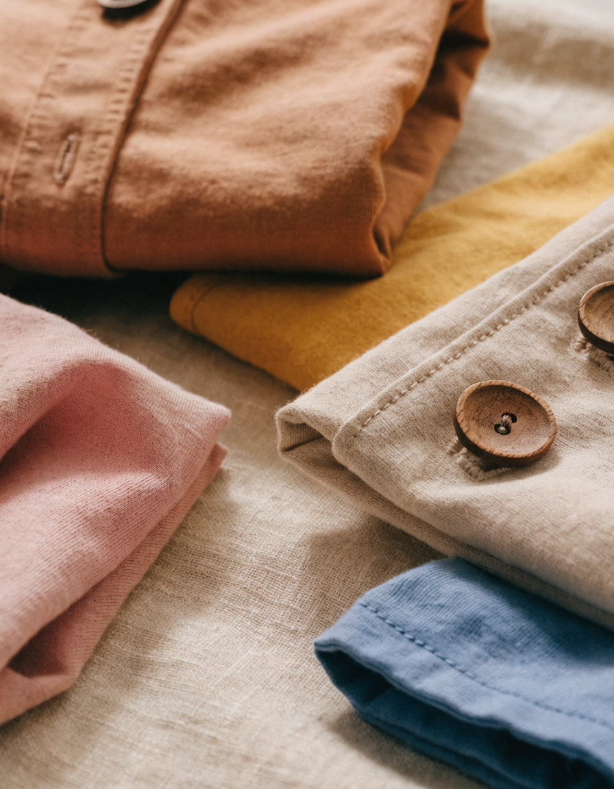 Folded organic cotton children's clothes with sturdy wooden buttons and reinforced stitching on a linen surface