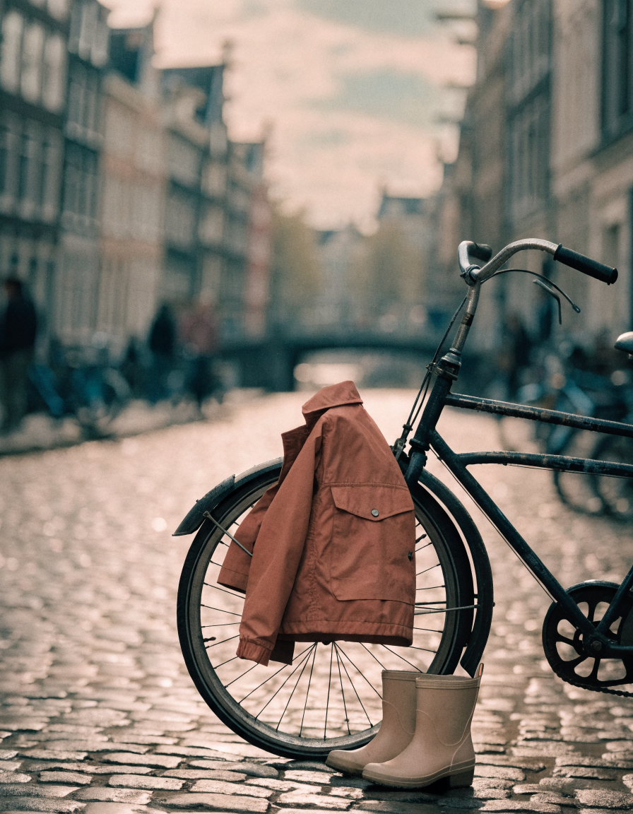 A child's terracotta rain jacket and beige rubber boots beside a bicycle on wet Amsterdam cobblestones