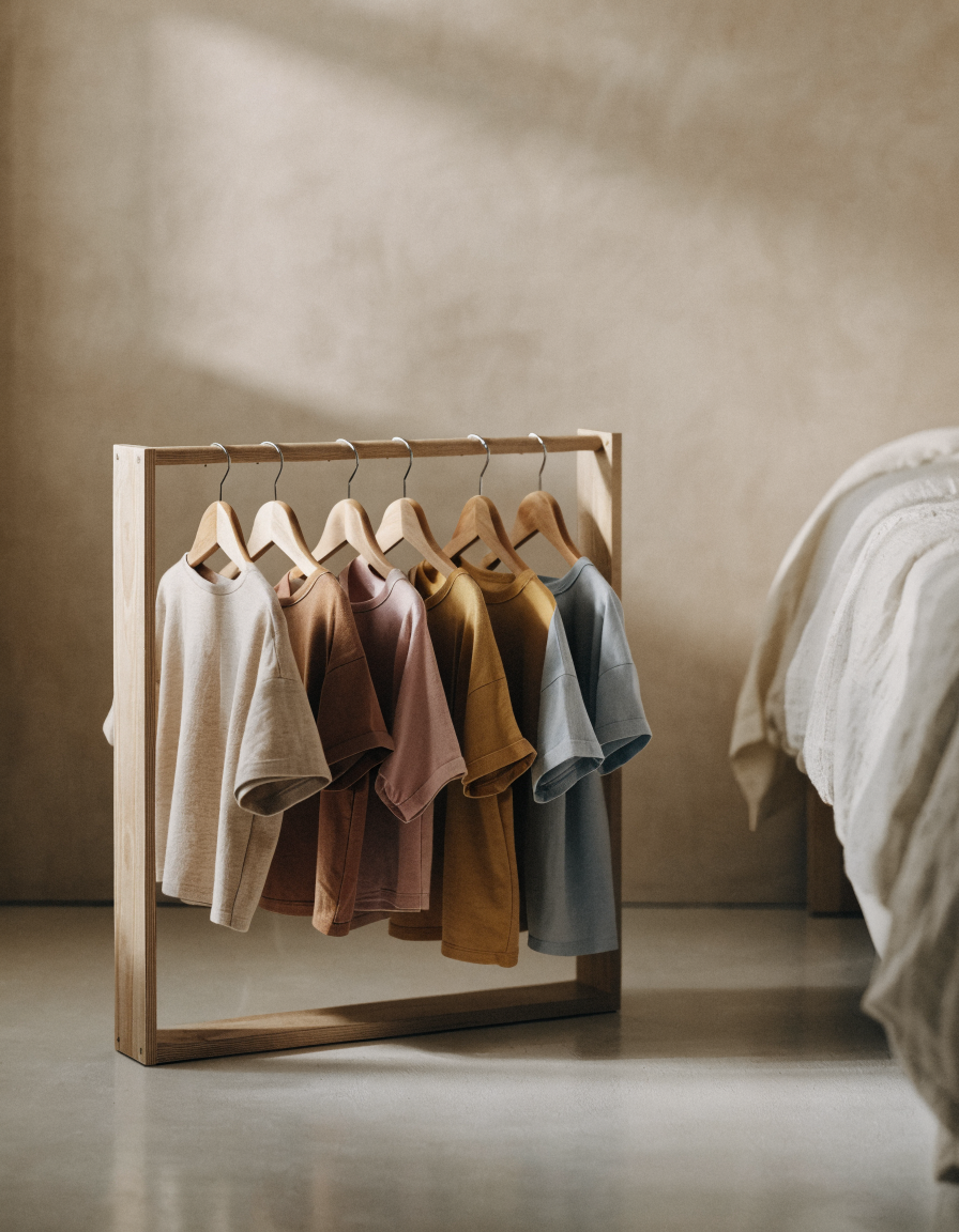 A low open wooden clothing rail in a child's room with a few organic cotton garments hung at child height