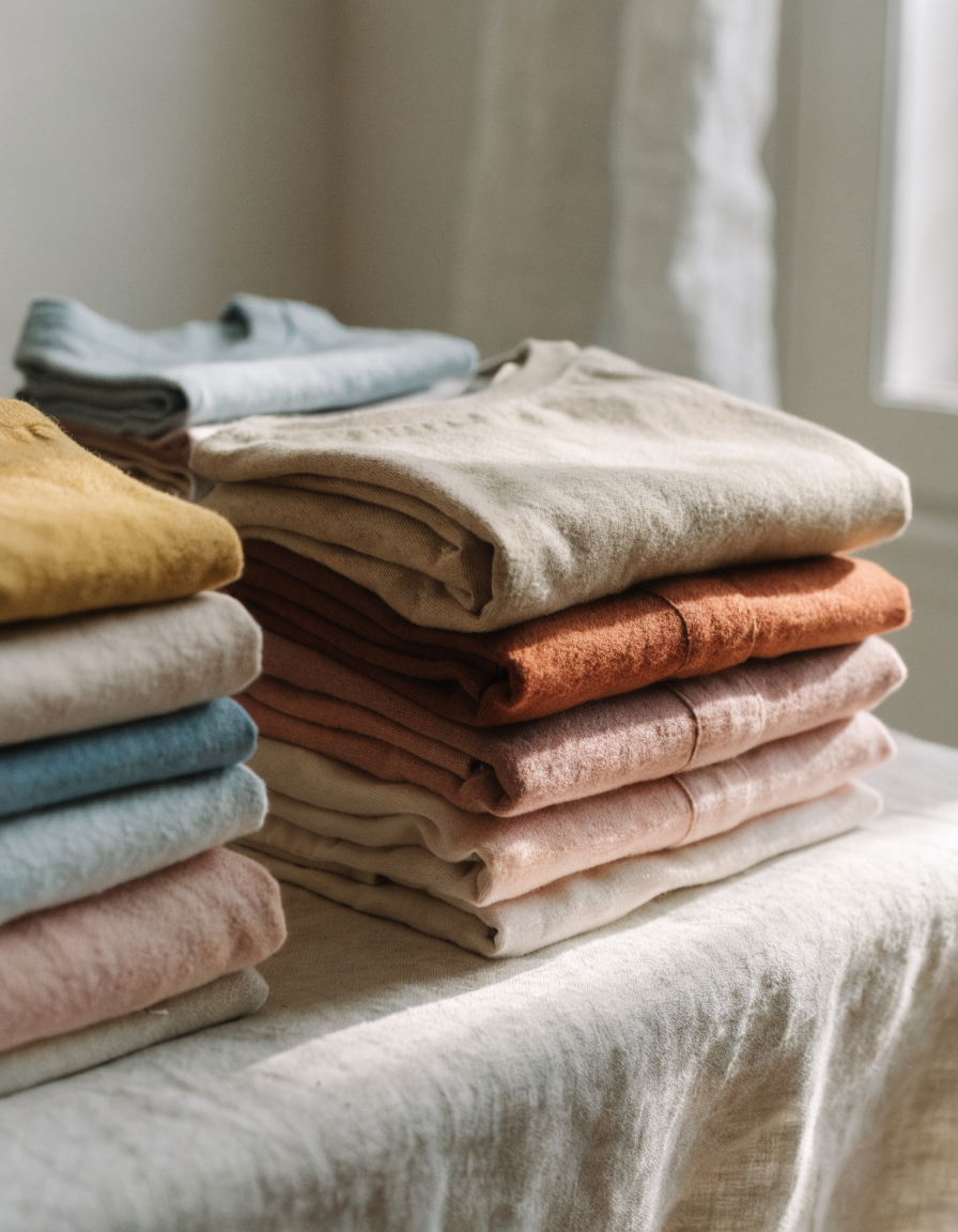 Folded stacks of children's clothing in muted earthy natural dye tones on linen