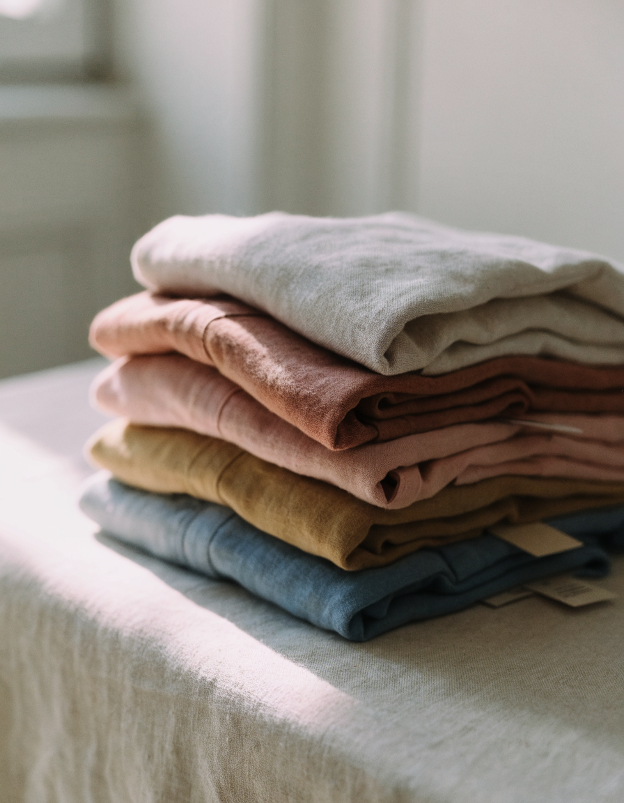 A folded stack of new organic cotton kids clothes in beige, terracotta and soft blue with paper hang tags still attached