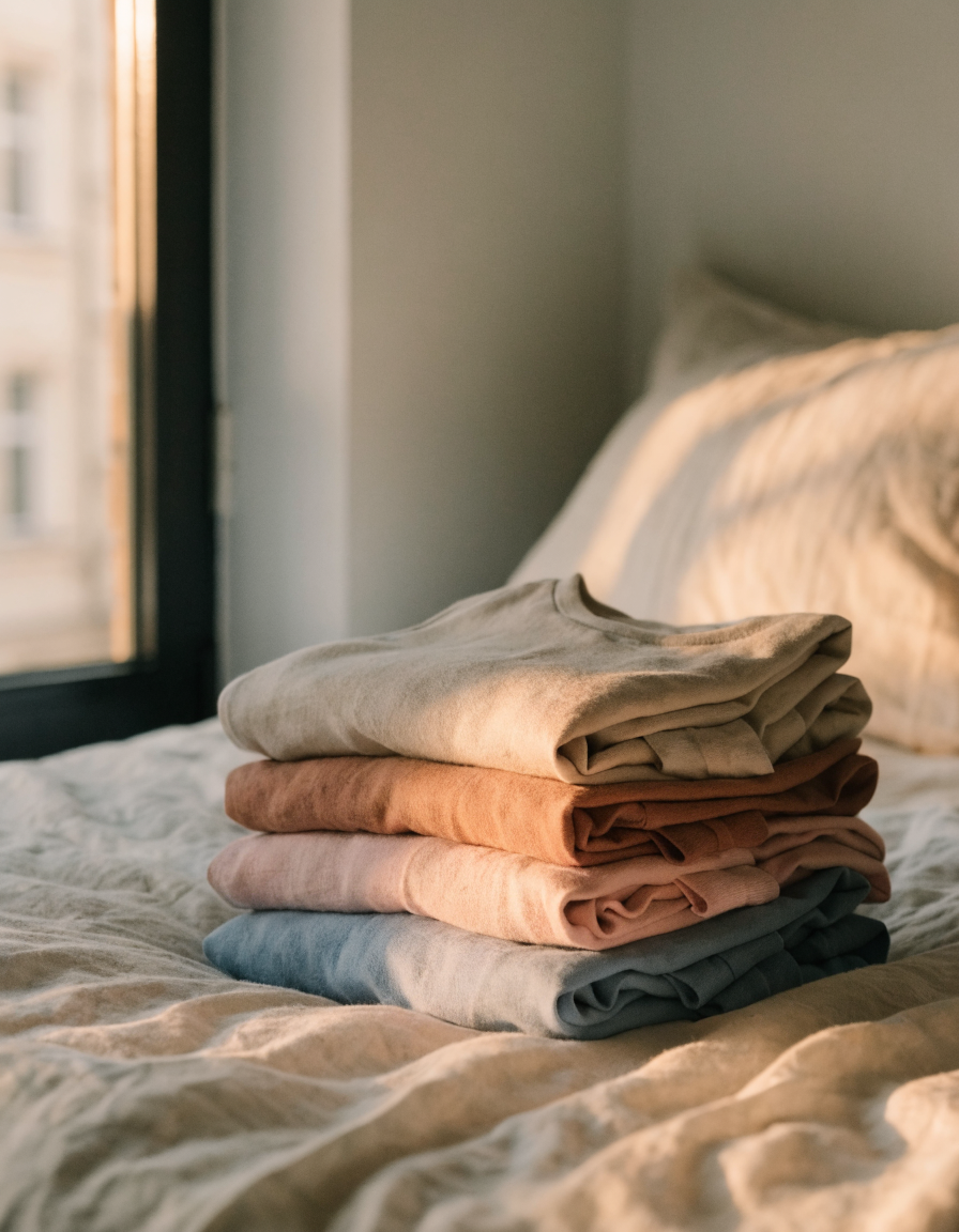 Folded organic cotton children's pyjamas in earthy tones on a linen bed in soft evening light