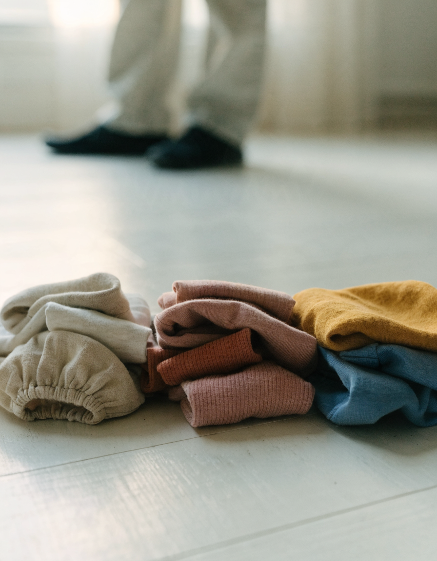 Small children's clothes folded into three sorted piles on a pale wooden floor in soft natural light