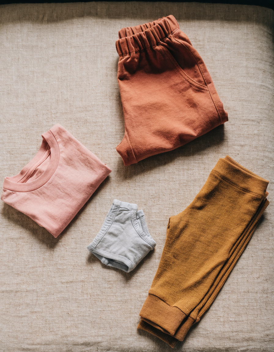 Flat lay of toddler potty training clothes in earthy organic cotton tones