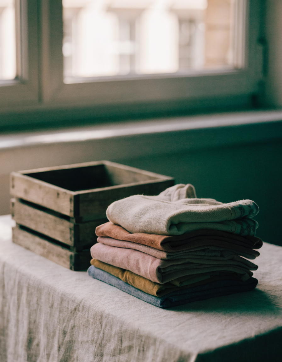 A folded stack of second-hand children's clothes in beige, terracotta and soft blue on a linen surface