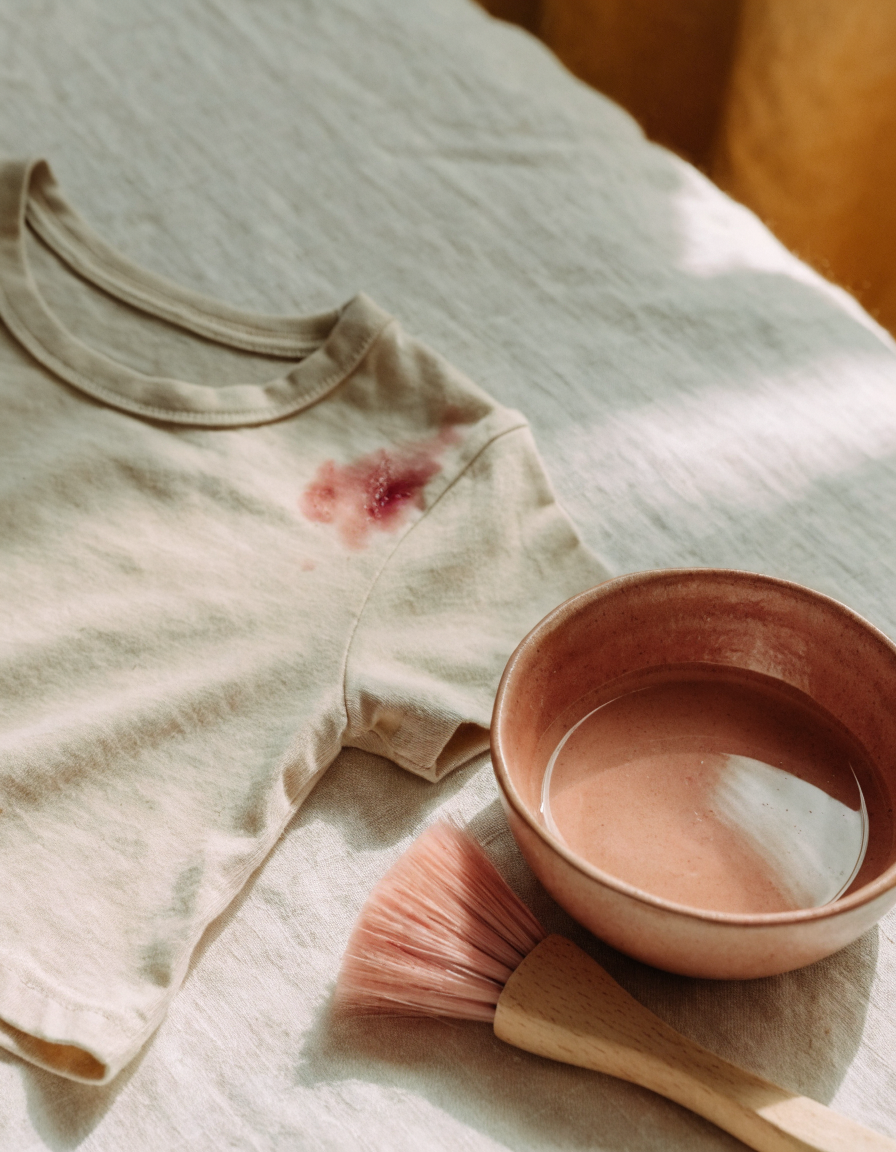 A child's beige organic cotton t-shirt laid flat with a berry stain being treated with white vinegar