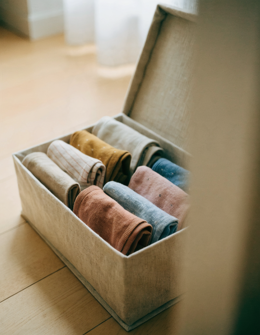 Neatly folded organic cotton kids clothes in muted earthy tones inside an open linen storage box