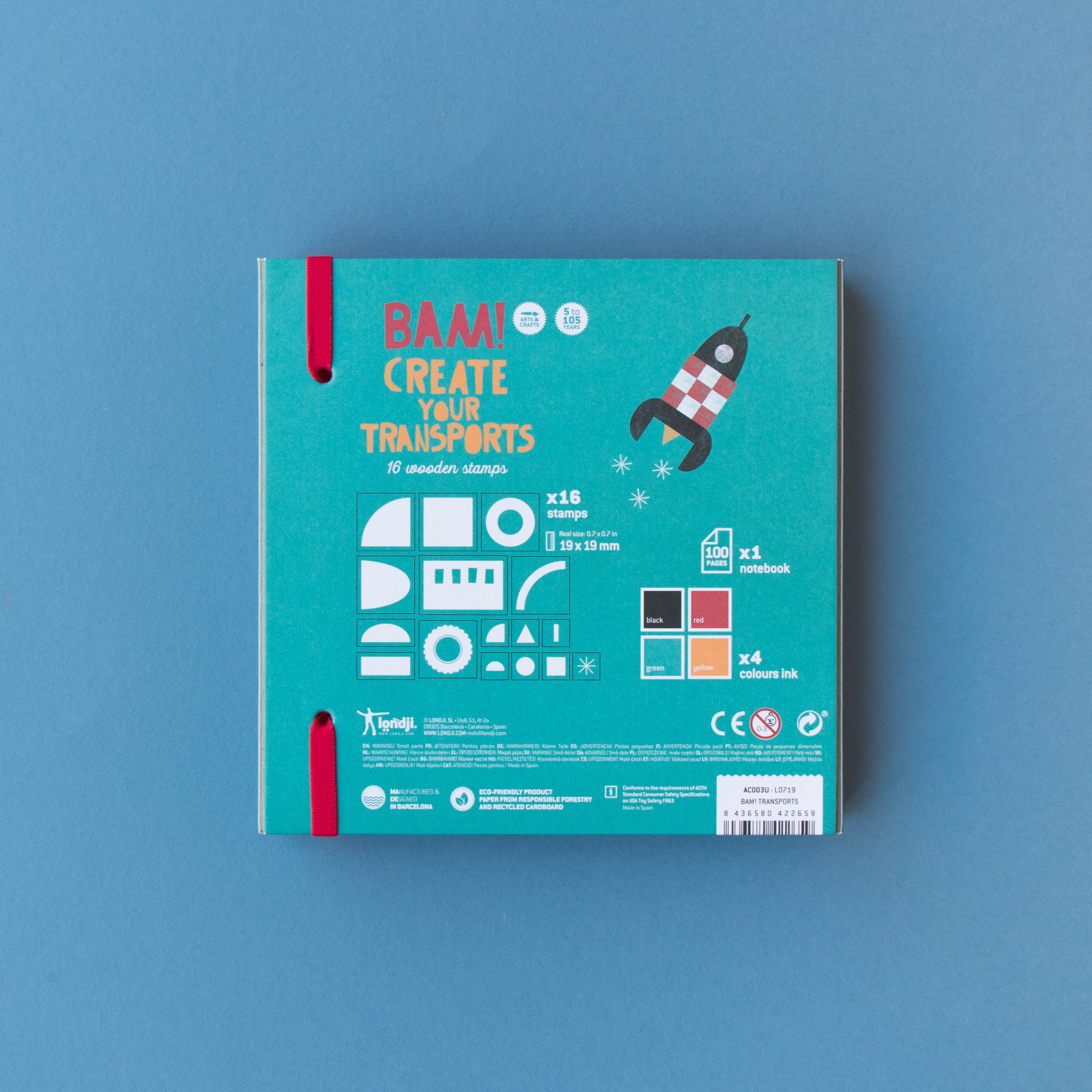 Blue packaging box with graphics and text on a blue background