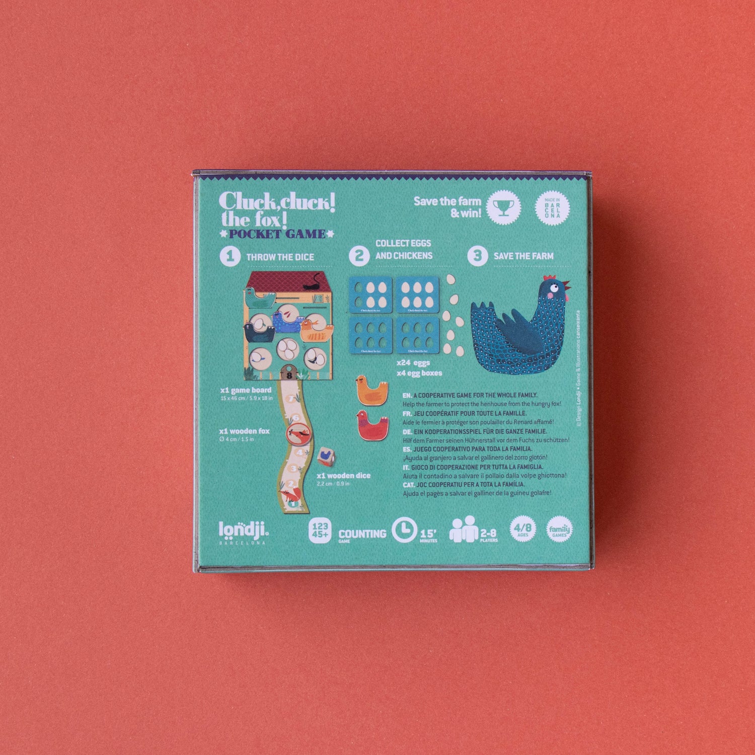 Teal box with colorful graphics on a red background